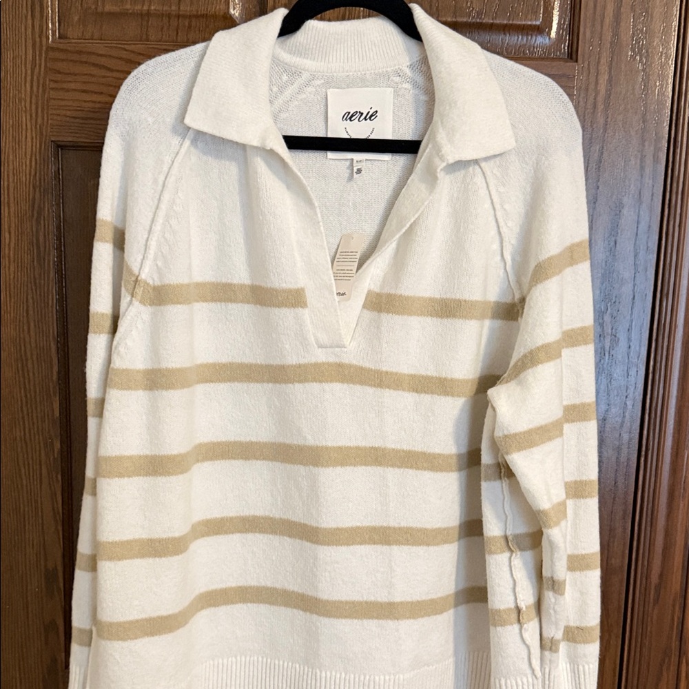 Aerie V-Neck Sweater - Cream and Tan Stripes